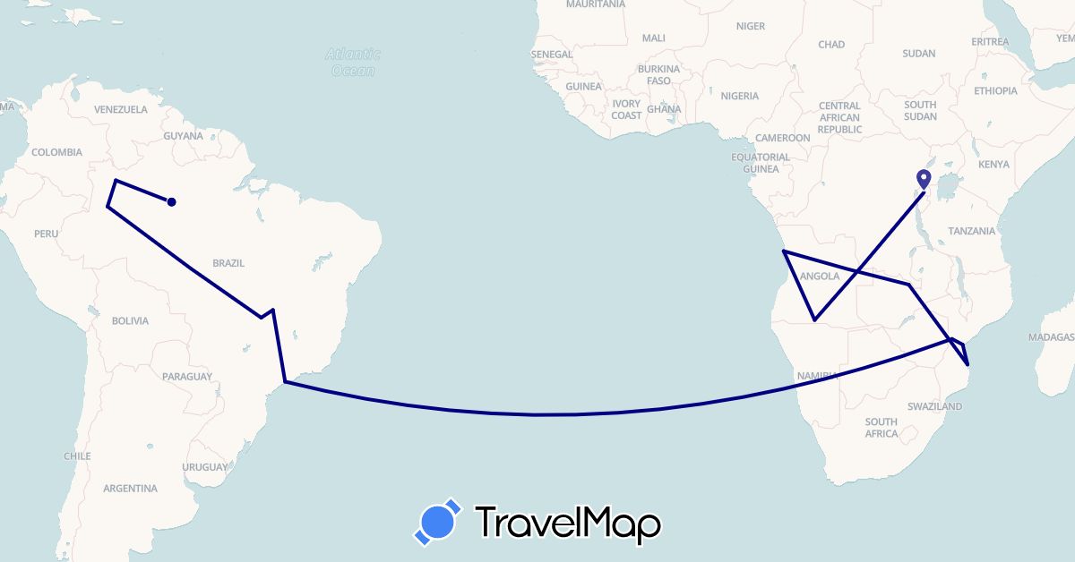 TravelMap itinerary: driving in Angola, Brazil, Mozambique, Rwanda, Zambia (Africa, South America)